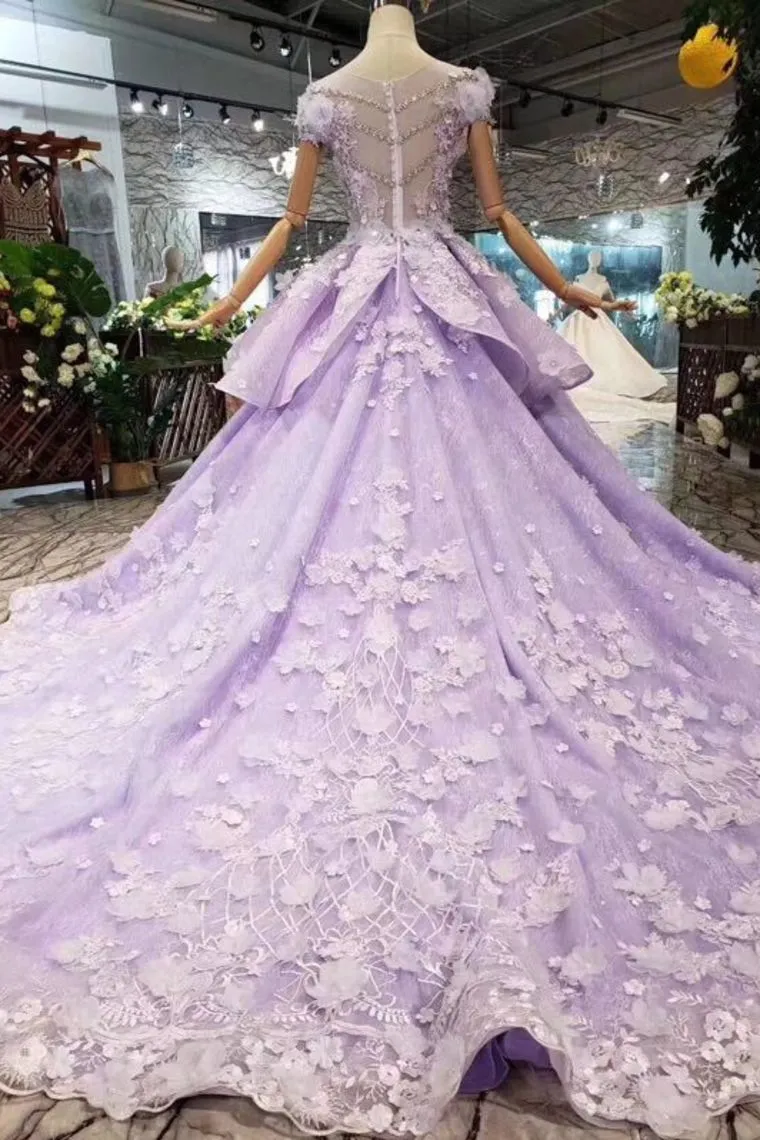 Lilac Short Sleeves Lace Up Back Appliqued Tulle Princess Prom Dress OKL20