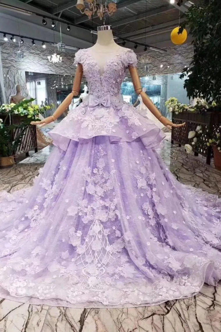 Lilac Short Sleeves Lace Up Back Appliqued Tulle Princess Prom Dress OKL20