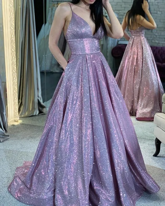 Long Prom Dresses Glitter V Neck With Pockets,Formal Dresses