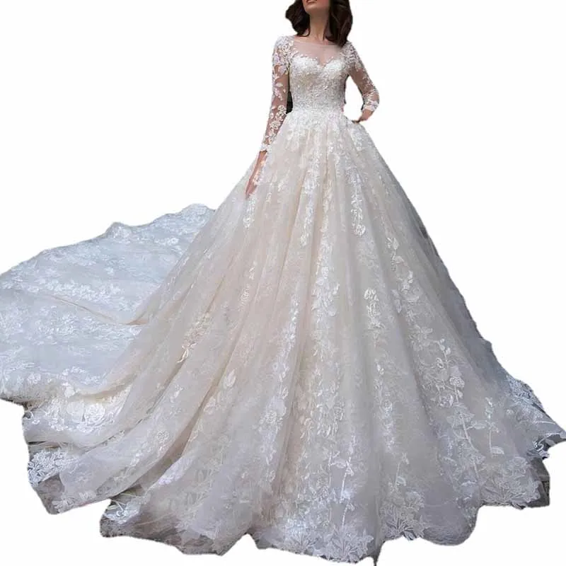 Long Sleeve Wedding Dresses Sweep Train Lace Applique A Line Bridal Gown