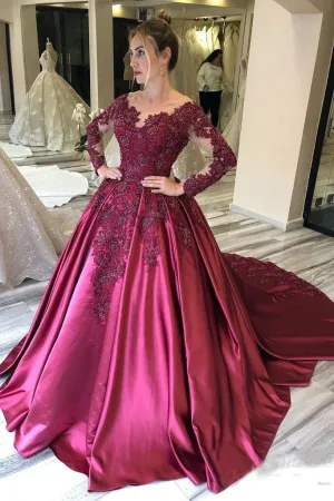 Long Sleeves Lace Appliques Burgundy Court Train Ball Gown Prom Dress OKS8