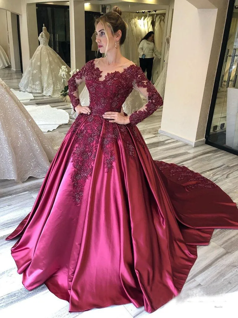 Long Sleeves Lace Appliques Burgundy Court Train Ball Gown Prom Dress OKS8