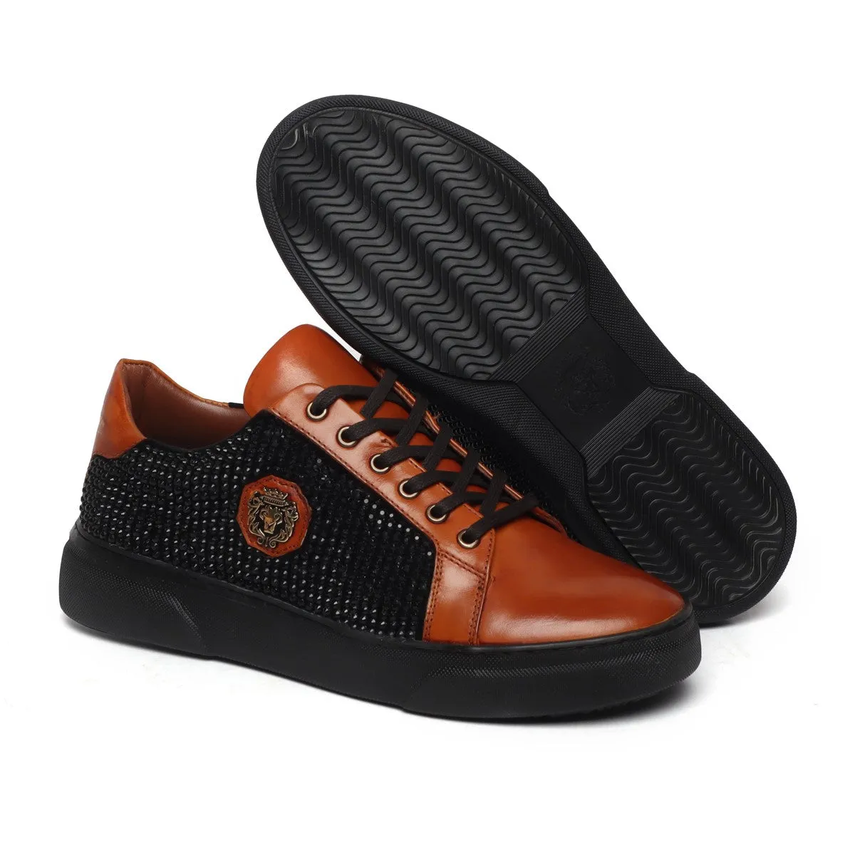 Low Top Sneakers Black Rhinestones Tan Leather by Brune & Bareskin