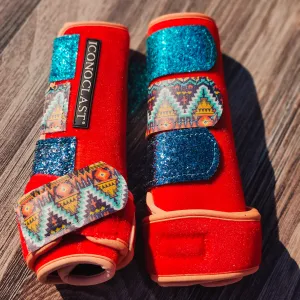 Medium Orange Dyed Iconoclast Fronts w/ Aztec Leather and Turquoise/Navy Glitter Straps