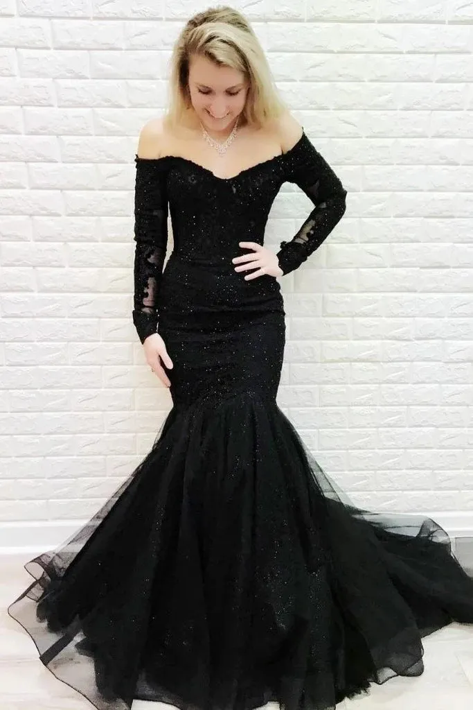 Mermaid Off-the-shoulder Lace Long Sleeves Black Prom Evening Dresses PO189