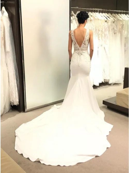 Mermaid V-Neck Backless Court Train Ivory Wedding Dresses with Lace OKL10