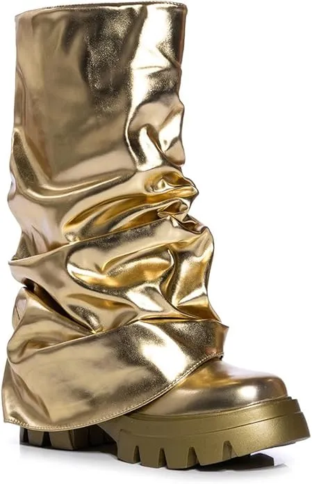 Metallic Gold Lug Style Foldover Chunky Slouchy Boots