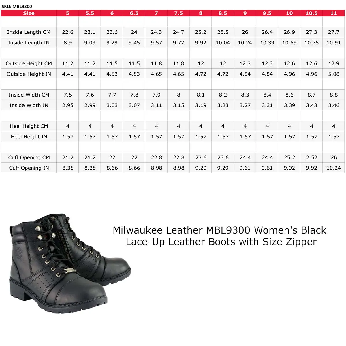 Milwaukee Leather Women's Black Leather Lace-Up Motorcycle Rider Boots with Side Zipper MBL9300