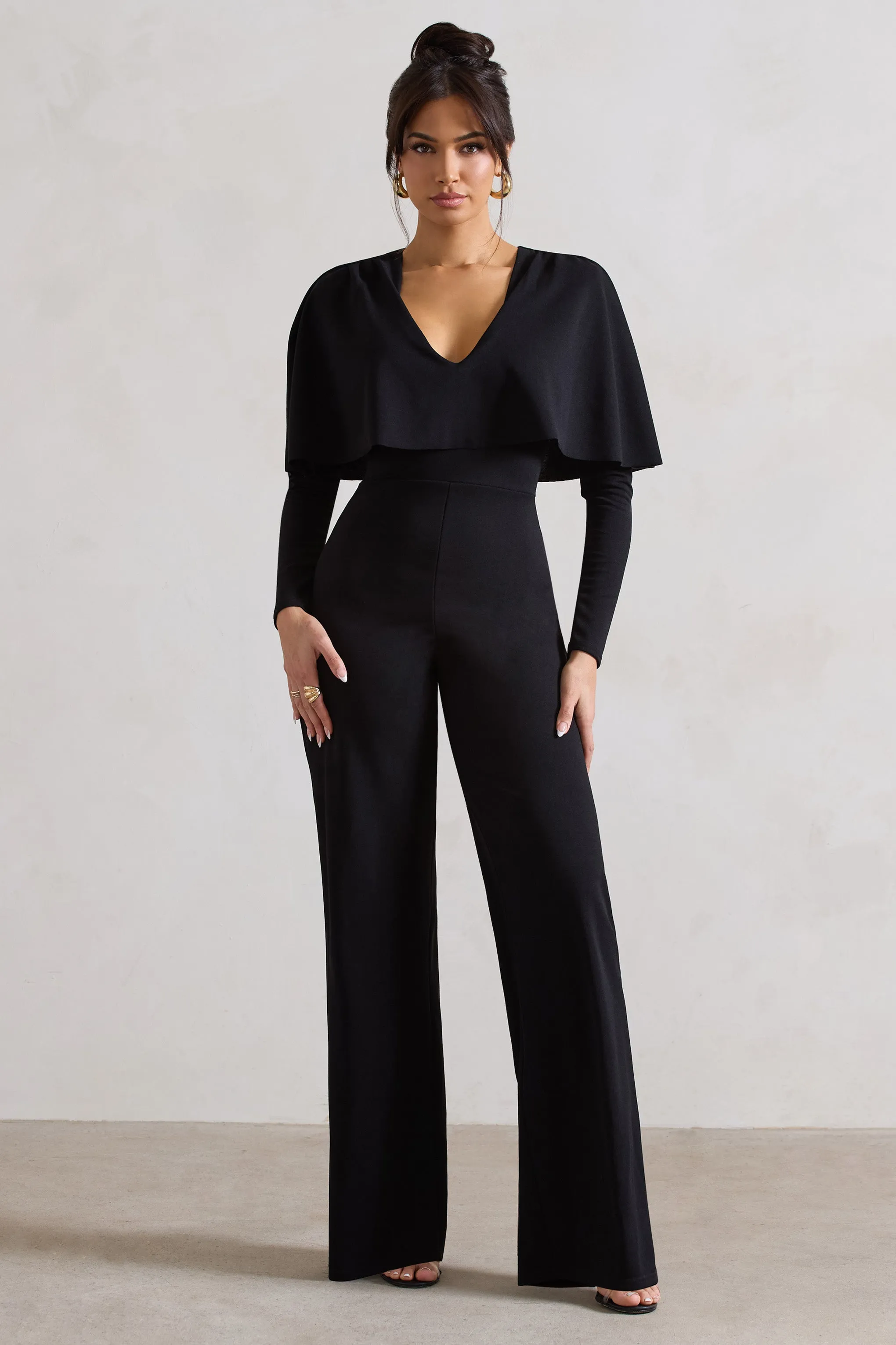 My Charm | Black Draped Plunge-Neck Straight-Leg Jumpsuit