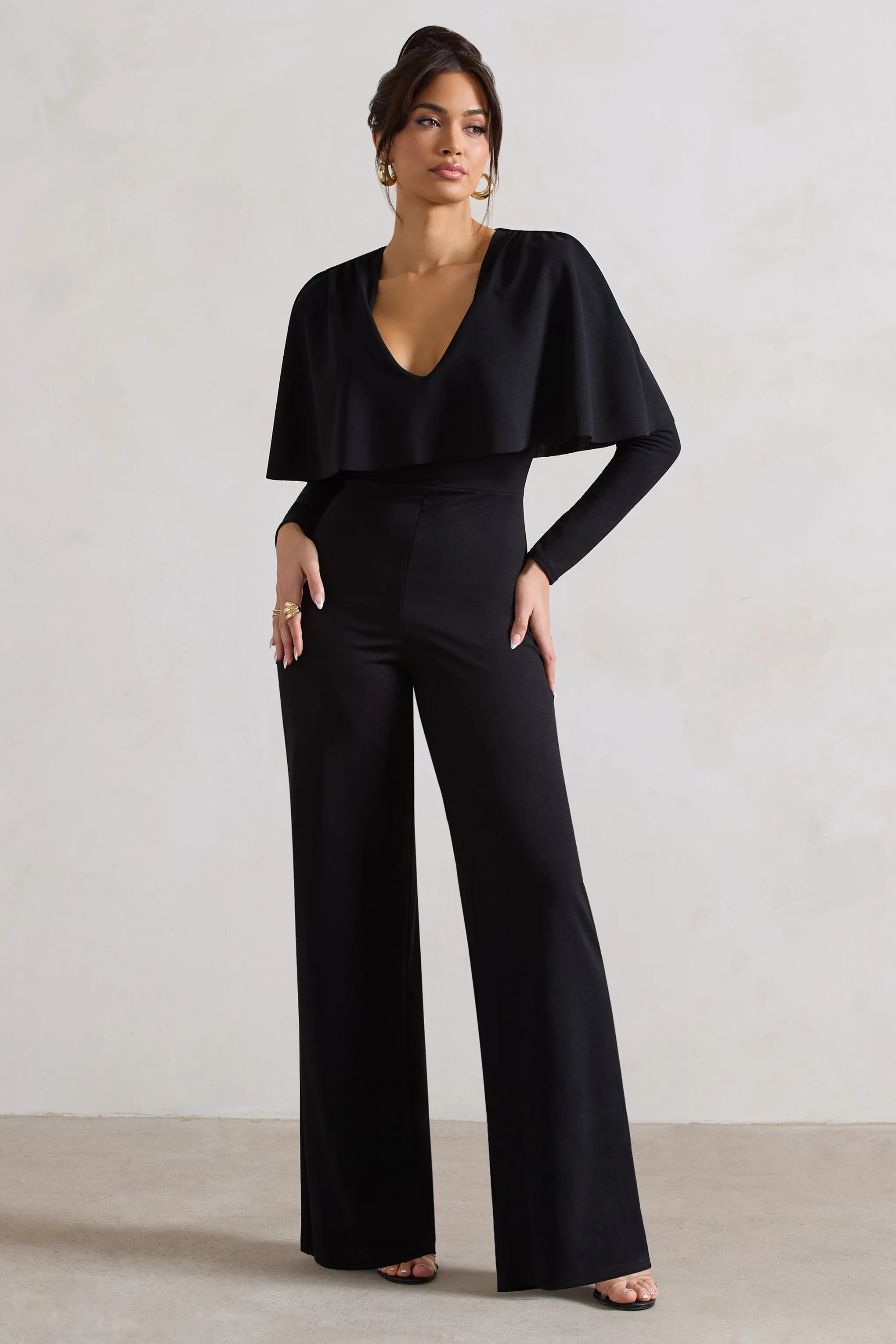 My Charm | Black Draped Plunge-Neck Straight-Leg Jumpsuit