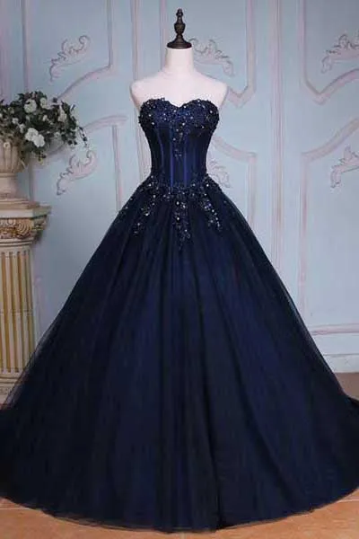 Navy Blue Ball Gown Court Train Sweetheart Strapless Appliques Prom Dresses OK625