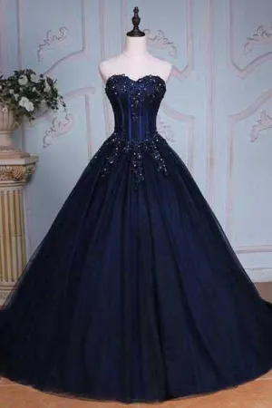 Navy Blue Ball Gown Court Train Sweetheart Strapless Appliques Prom Dresses OK625