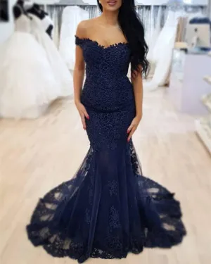 Navy Blue Lace V-neck Off The Shoulder Mermaid Prom Dresses