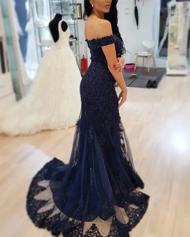 Navy Blue Lace V-neck Off The Shoulder Mermaid Prom Dresses