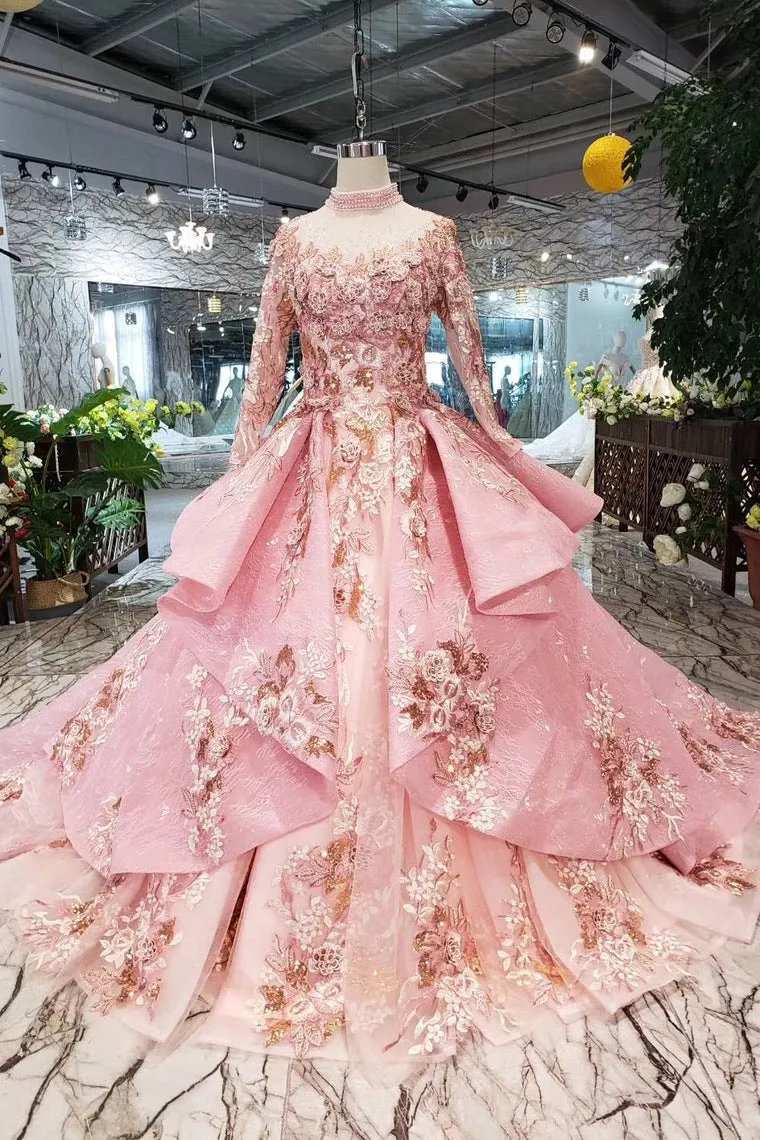 New Arrival Pink Prom Dress Long Sleeves Ball Gown High Neck Quinceanera Dresses OKK17