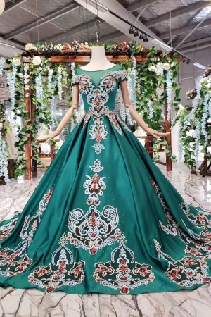 New Arrival Prom Dresses Short Sleeves Green Ball Gowns With Applique Beads OKK18