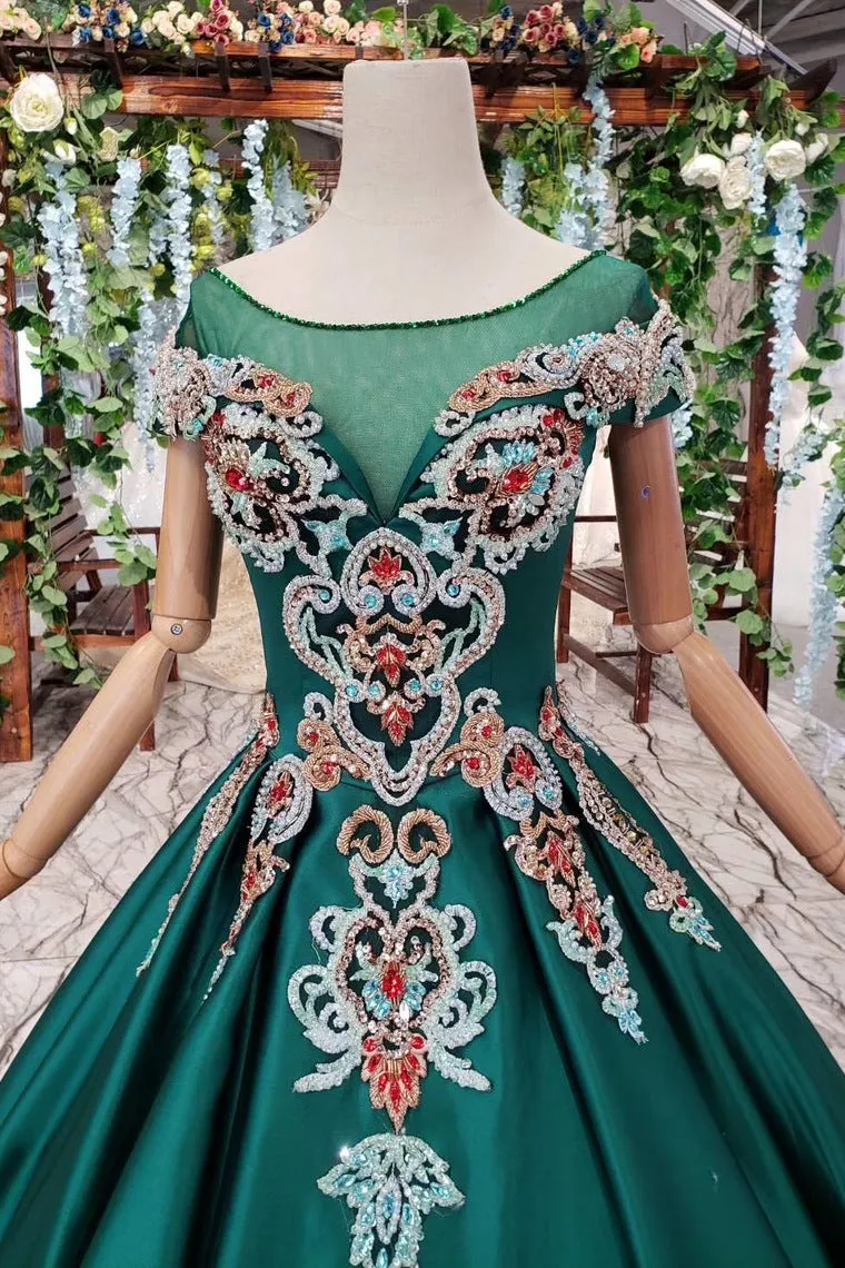 New Arrival Prom Dresses Short Sleeves Green Ball Gowns With Applique Beads OKK18