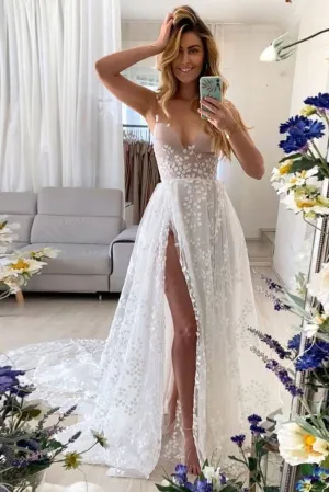 New Style Straps V Neck Split Long Boho Wedding Dress, Lace Bridal Gown UQW0052