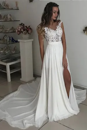 Off White Long Chiffon Cap Sleeves Split Wedding Dress With Lace OKA53