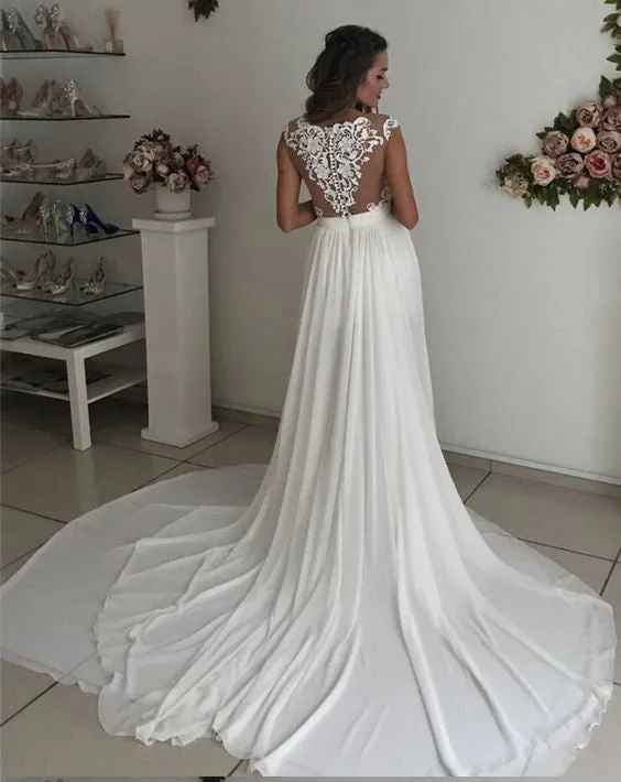 Off White Long Chiffon Cap Sleeves Split Wedding Dress With Lace OKA53