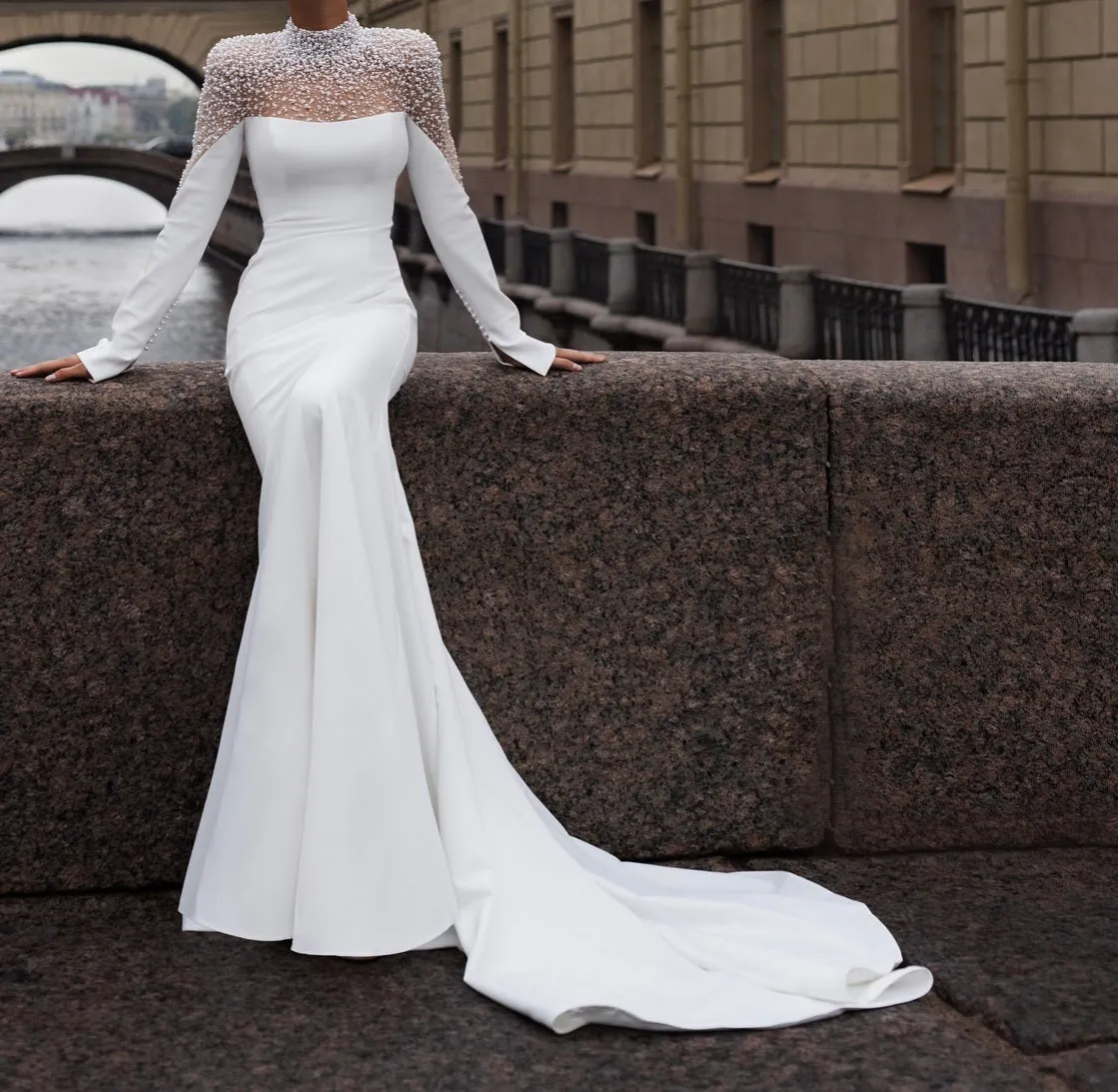 Pearled Satin Mermaid Wedding Gown