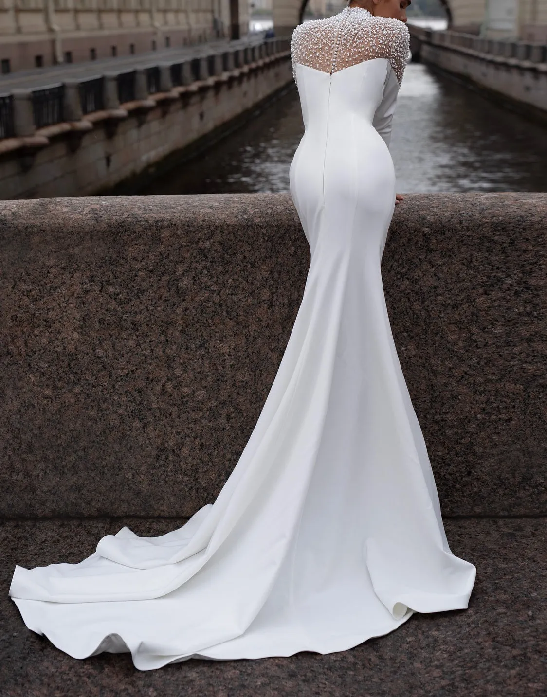 Pearled Satin Mermaid Wedding Gown