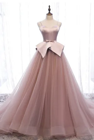 Pink Spaghetti Straps Tulle Long Formal Prom Dress, Unique Long Wedding Dess UQP0053