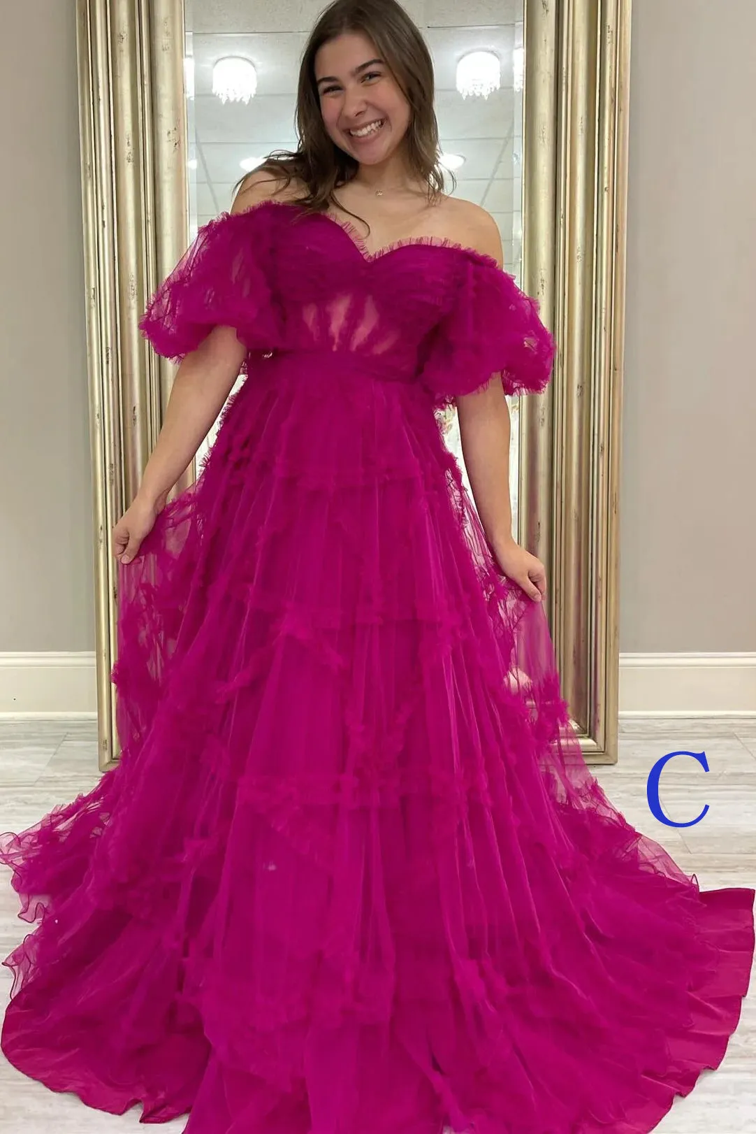 Pink Tulle Off-the-Shoulder A-Line Long Prom Dress with Ruffles Evening Dresses UQP0292