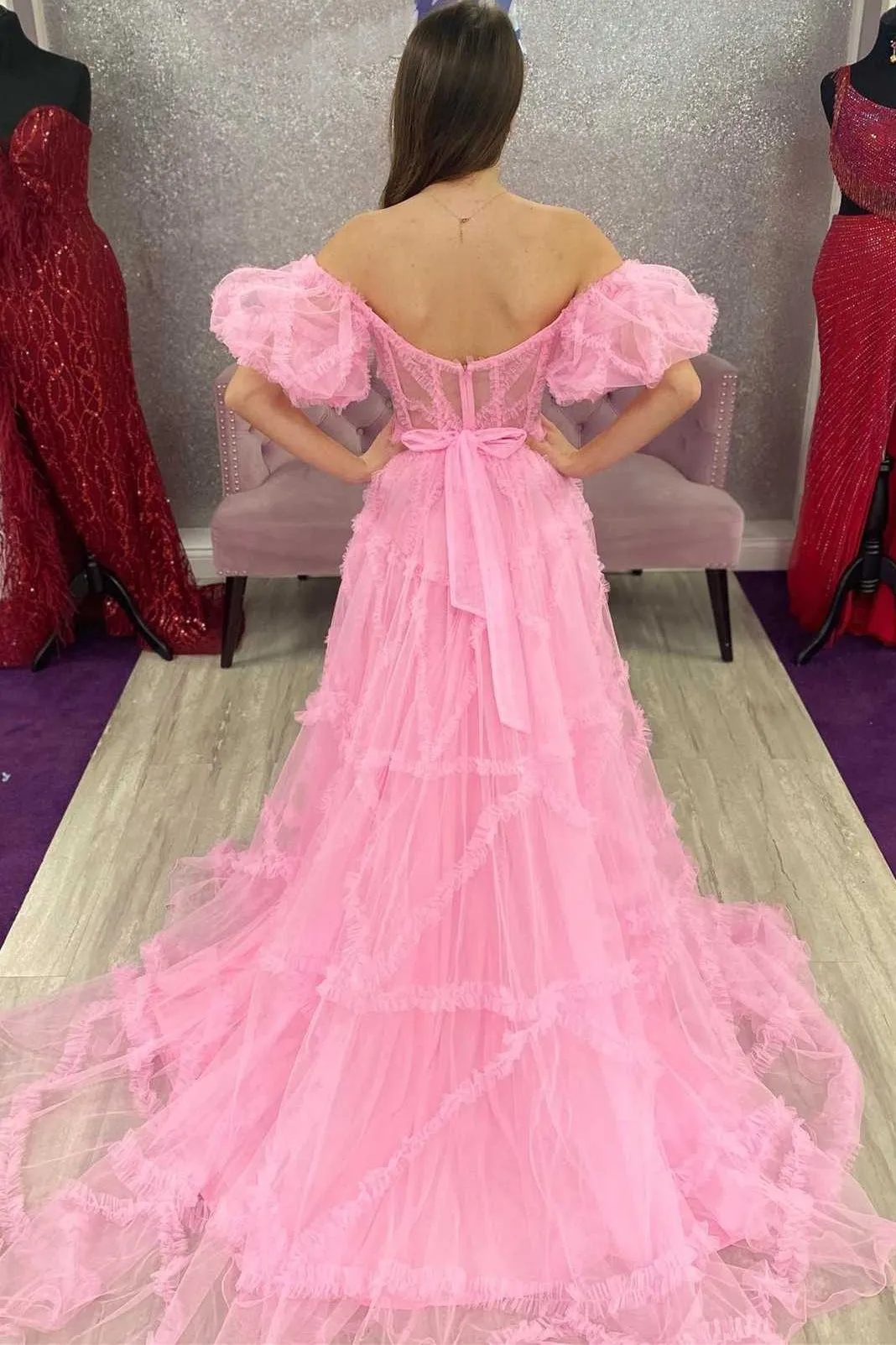 Pink Tulle Off-the-Shoulder A-Line Long Prom Dress with Ruffles Evening Dresses UQP0292