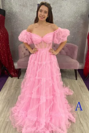 Pink Tulle Off-the-Shoulder A-Line Long Prom Dress with Ruffles Evening Dresses UQP0292