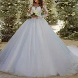 Princess Long Sleeve Wedding Dresses for Bride Tulle Lace Bridal Gown