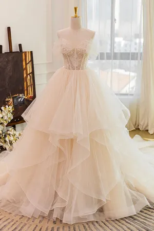 Puffy Off the Shoulder Tulle Prom Dress with Lace Appliques, Long Wedding Gown UQP0271