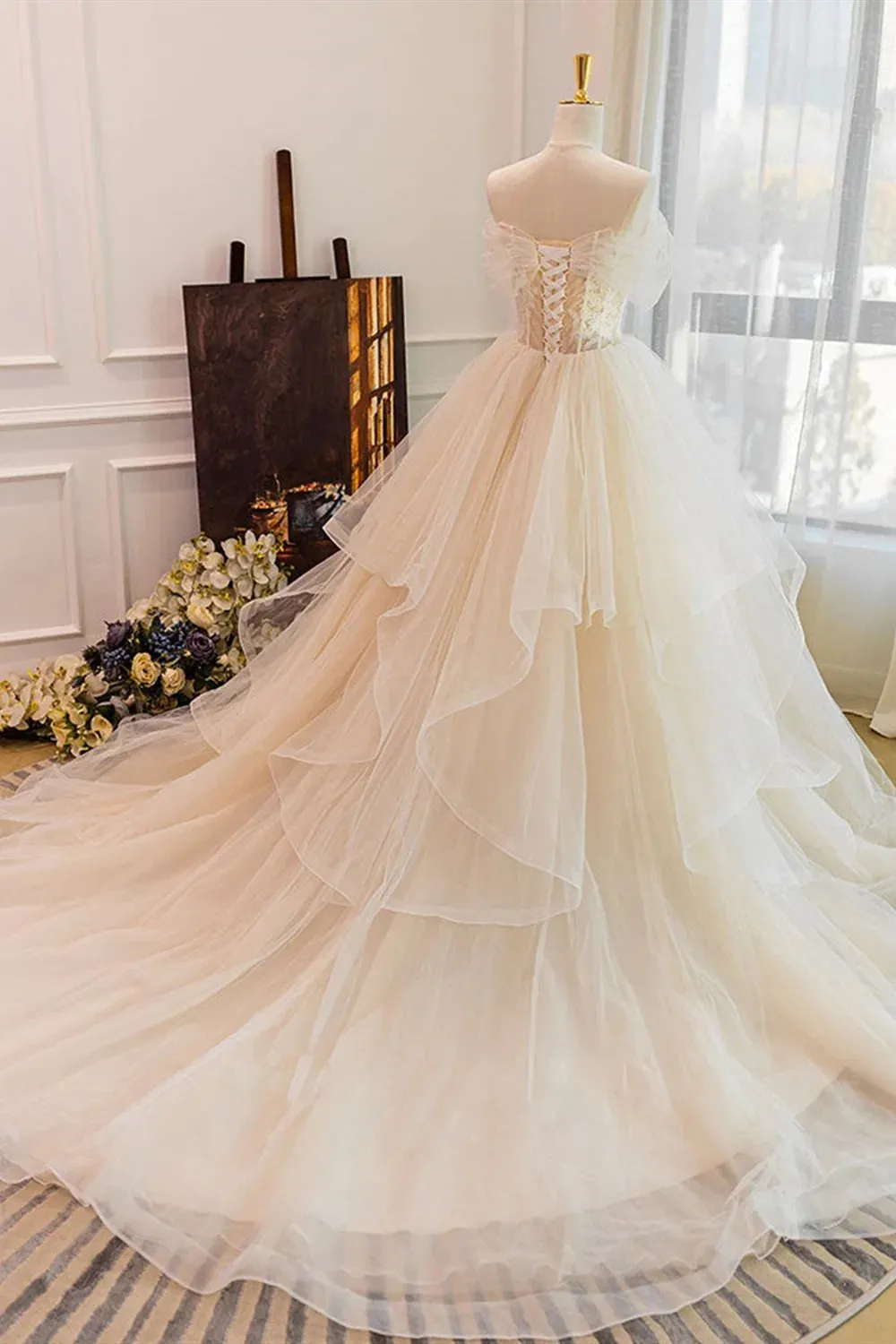 Puffy Off the Shoulder Tulle Prom Dress with Lace Appliques, Long Wedding Gown UQP0271