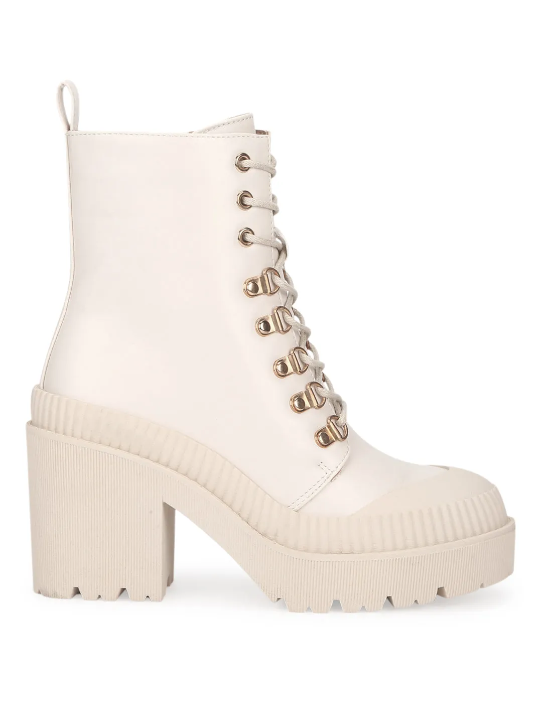 Putty Beige PU Lace Up Block Heel Ankle Boots