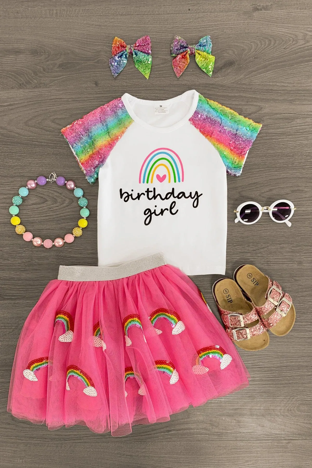 "Birthday Girl" Pink Rainbow Sequin Tutu Skirt Set