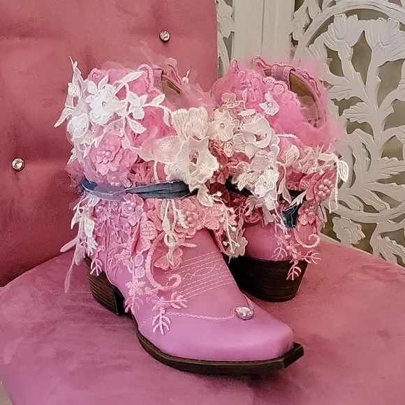 "OAKLEE" Pink & White Lace Western Ankle Boots