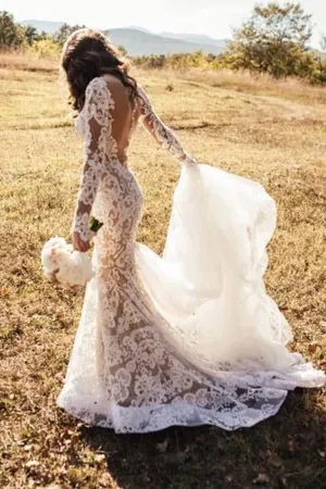 Romantic Long Lace Backless Long Sleeves Mermaid Ivory Wedding Dresses OK599