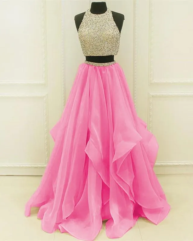 Sequins Beaded Organza Layered Two Piece Ball Gowns Prom Dress,Wedding Party Dress