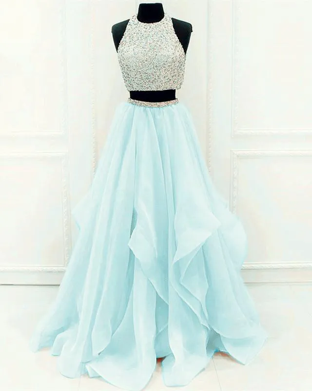 Sequins Beaded Organza Layered Two Piece Ball Gowns Prom Dress,Wedding Party Dress