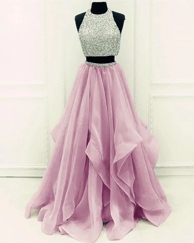 Sequins Beaded Organza Layered Two Piece Ball Gowns Prom Dress,Wedding Party Dress