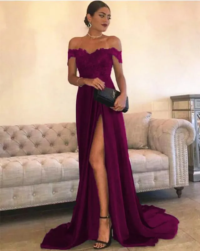 Sexy Leg Slit Long Satin Sweetheart Prom Dresses Lace Off The Shoulder Evening Gowns