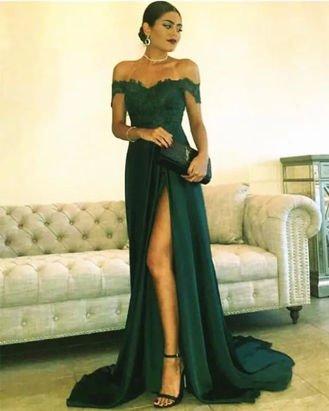 Sexy Leg Slit Long Satin Sweetheart Prom Dresses Lace Off The Shoulder Evening Gowns