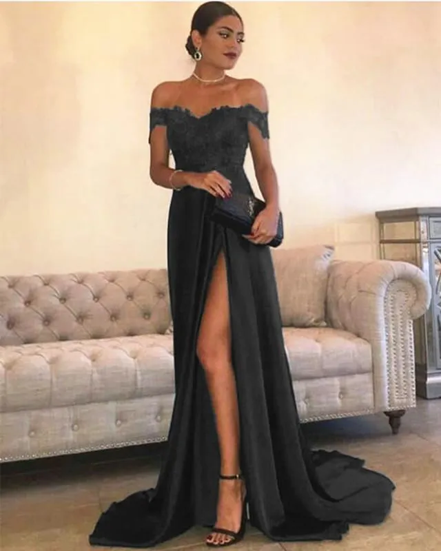 Sexy Leg Slit Long Satin Sweetheart Prom Dresses Lace Off The Shoulder Evening Gowns