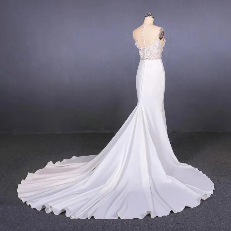 Sheer Neck Mermaid Long Wedding Dress with Appliques, Long Bridal Dresses UQ2304