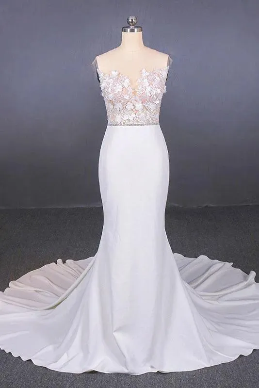 Sheer Neck Mermaid Long Wedding Dress with Appliques, Long Bridal Dresses UQ2304