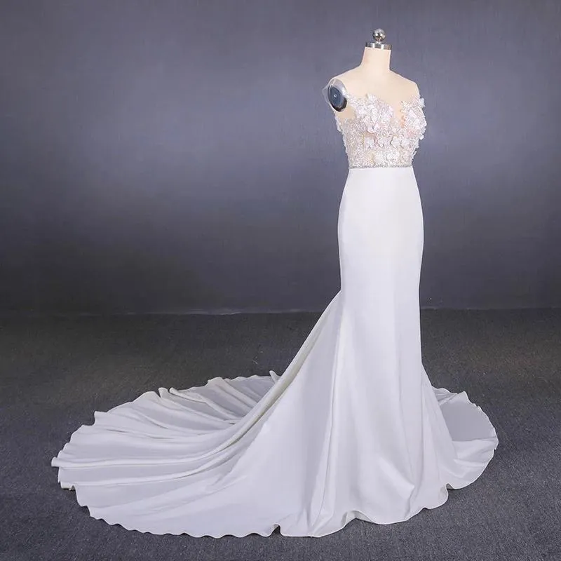 Sheer Neck Mermaid Long Wedding Dress with Appliques, Long Bridal Dresses UQ2304