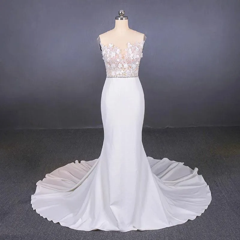 Sheer Neck Mermaid Long Wedding Dress with Appliques, Long Bridal Dresses UQ2304