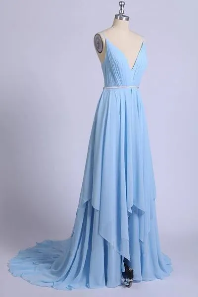 Sky Blue V Neck Prom Dresses, Backless Spaghetti Straps Pleated Long Formal Dress UQ2005