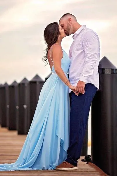 Sky Blue V Neck Prom Dresses, Backless Spaghetti Straps Pleated Long Formal Dress UQ2005