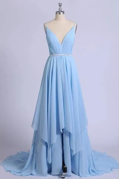 Sky Blue V Neck Prom Dresses, Backless Spaghetti Straps Pleated Long Formal Dress UQ2005